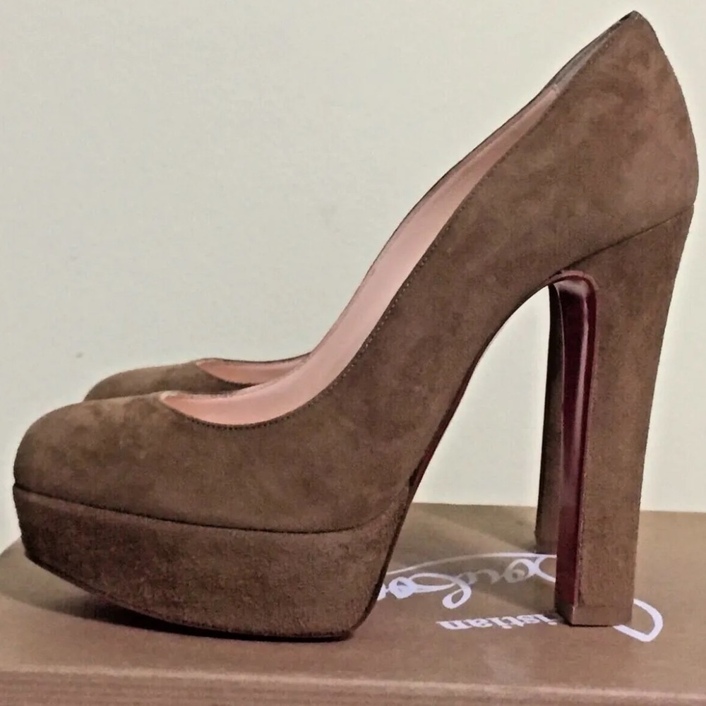 CHRISTIAN LOUBOUTIN BIBI camel beige suede platform red sole pumps heels 34.5 - Picture 3 of 9